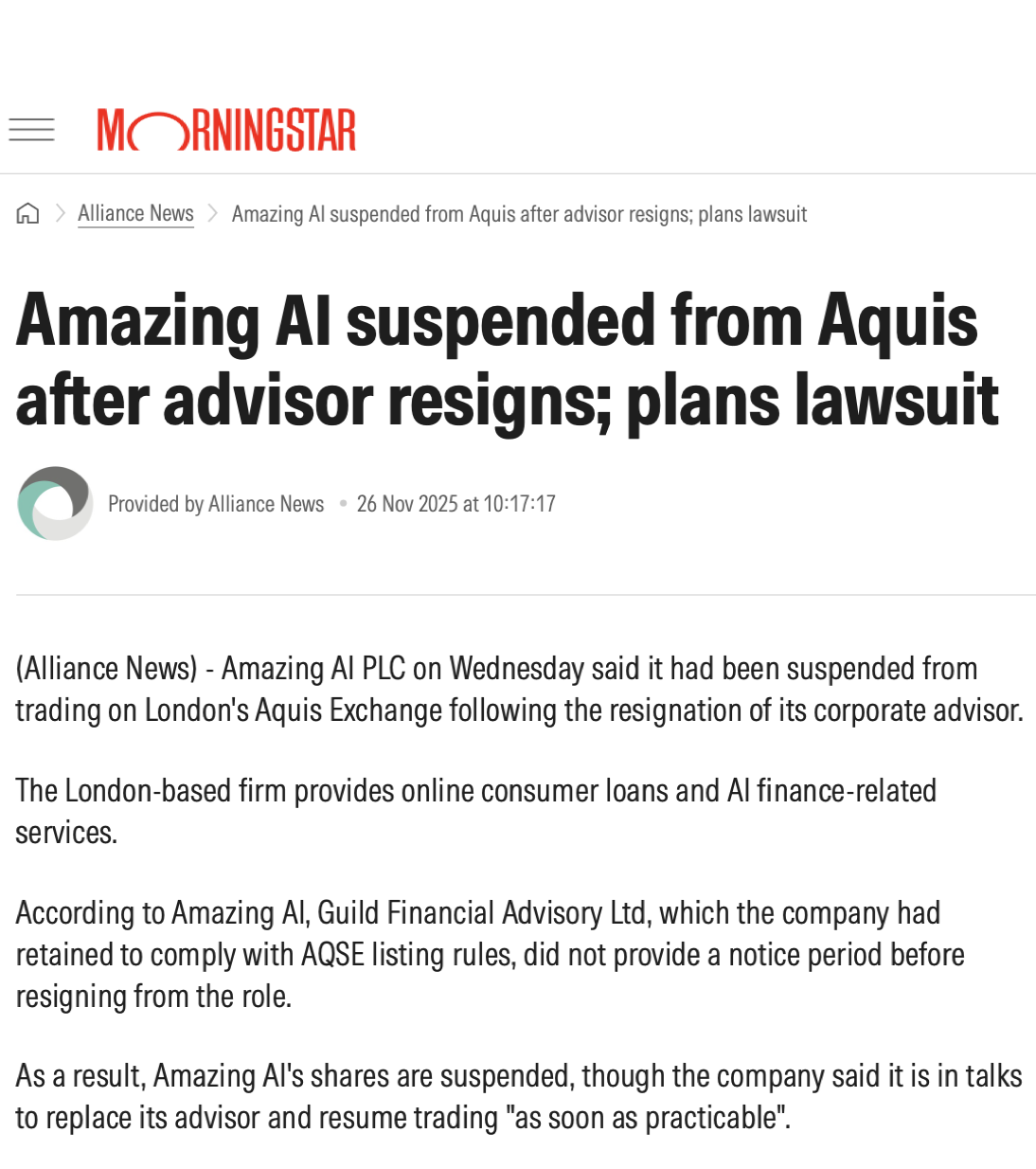 Amazing AI Plc suspended from Aquis 26 November 2025